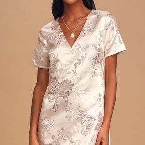 Lulus Go with the Glow Metallic Champagne Floral Jacquard Shift Dress - Size XS